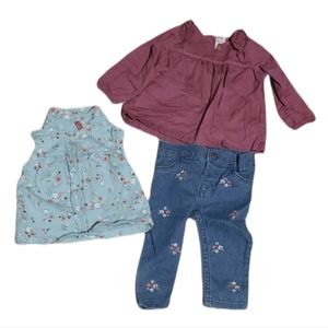 Carter's 3 Piece Embroidered Jeans, Peasant Top and Floral Vest Set 6m